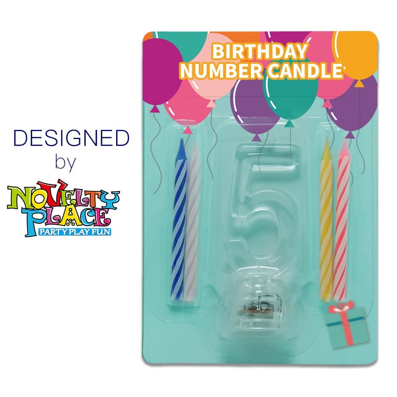 Novelty Place Birthday Number Candle Set, Flashing Multicolor Changing LED Birthday Cake Topper with 4 Wax Candles (Number 5) - Image 2